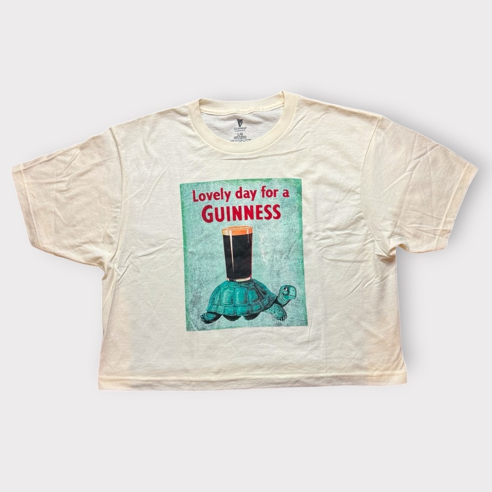 Guinness Beer Graphic T-Shirt Cream Cropped Boxy Turtle Pint Large L/G Cotton